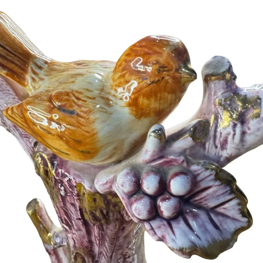 Vintage Ucagco Japan Ceramic Bird Tree Figurine MCM Cottagecore Gold Accent
